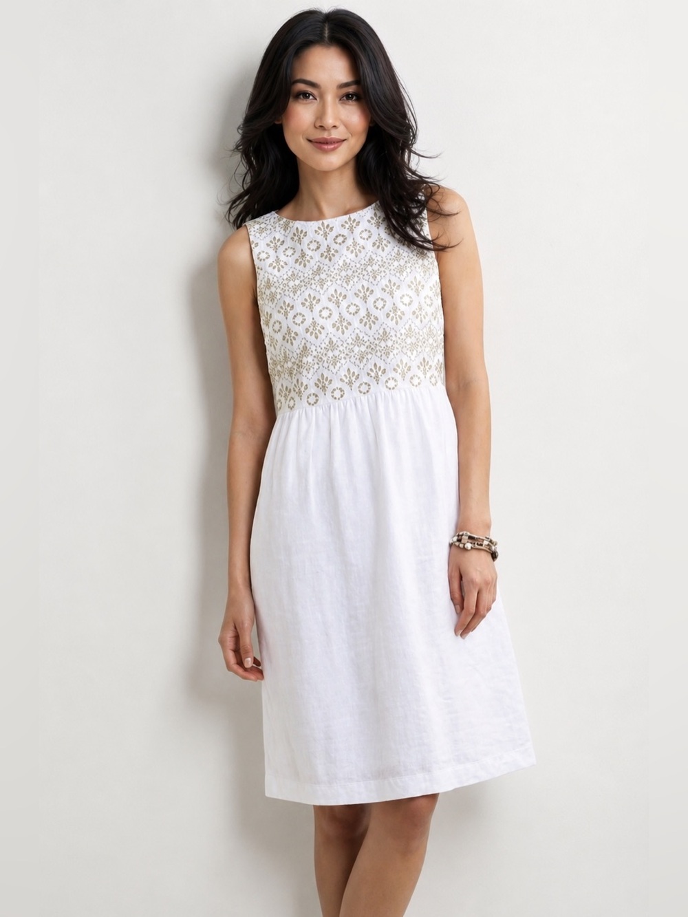 J.Jill Love Linen White Gold Embroidered Linen Shift Dress Sleeveless Women’s 18